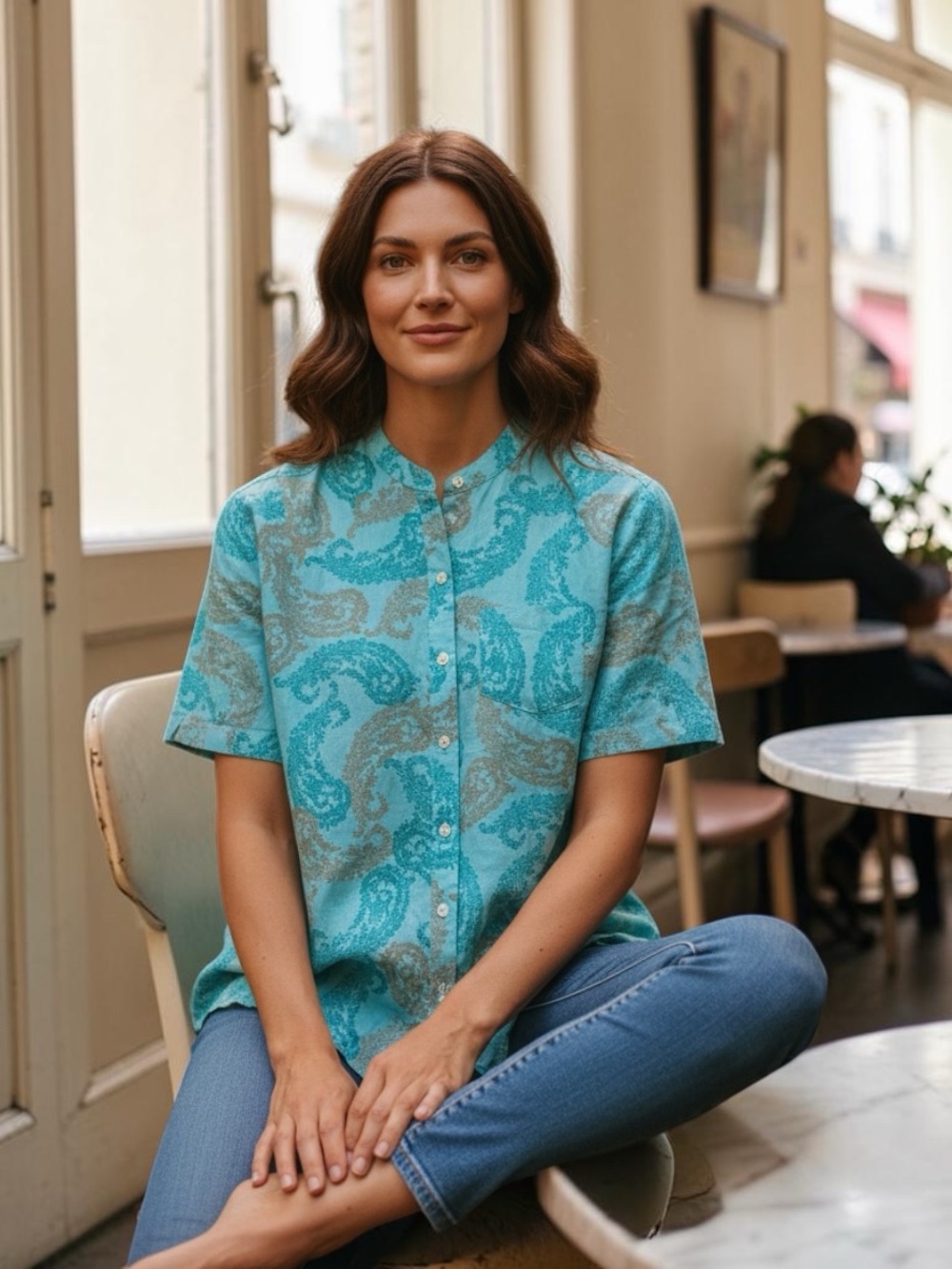 Liz Claiborne LizSport Petite Small Teal Paisley Short Sleeve Button-Down Shirt